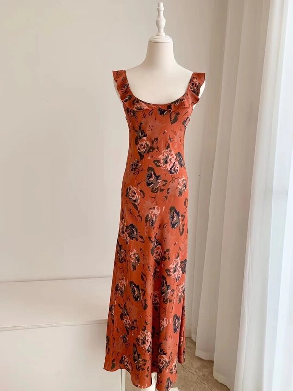 Women Flower Printed Slim Fit 100% Silk Strap Long Dress