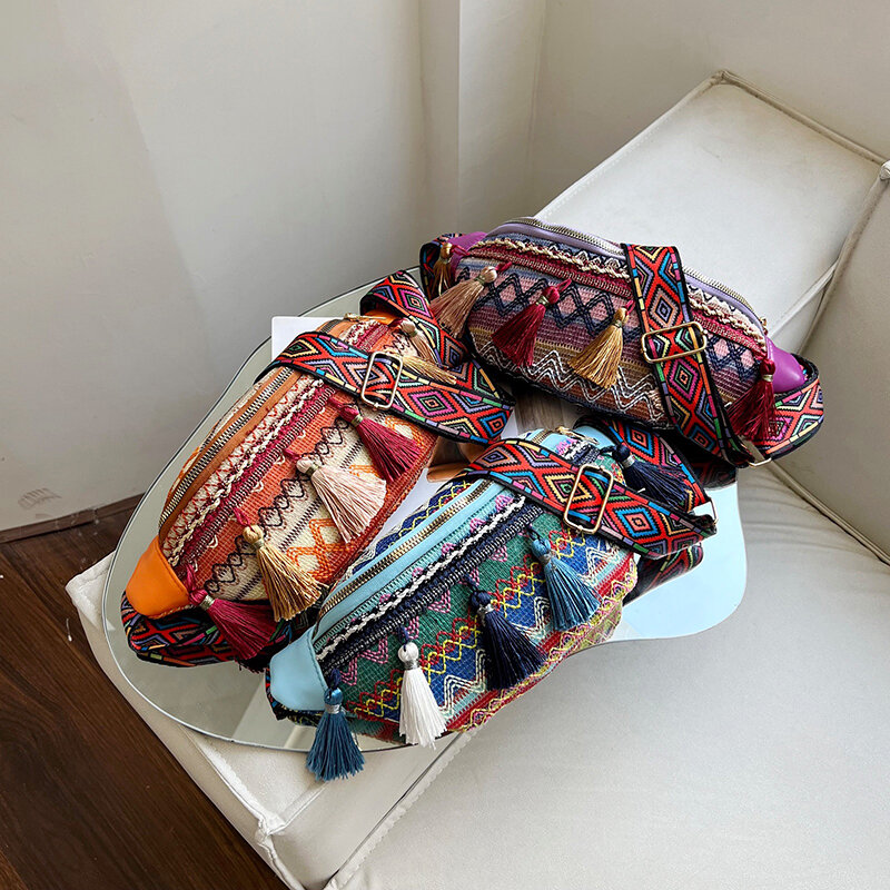 Women's Bags on Sale 2023 High Quality Autumn Versatile Oxford Waist Packs Patchwork Ethnic Style Tassel Casual Chest Pack