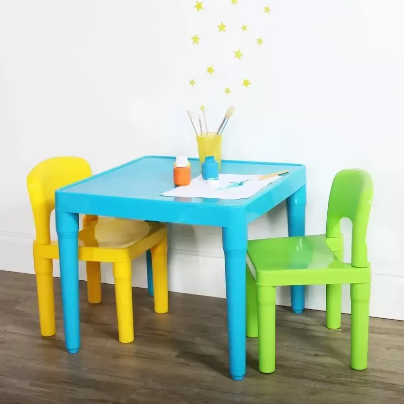 Ensemble de table et 2 chaises en plastique léger pour enfants, carré, vert et jaune