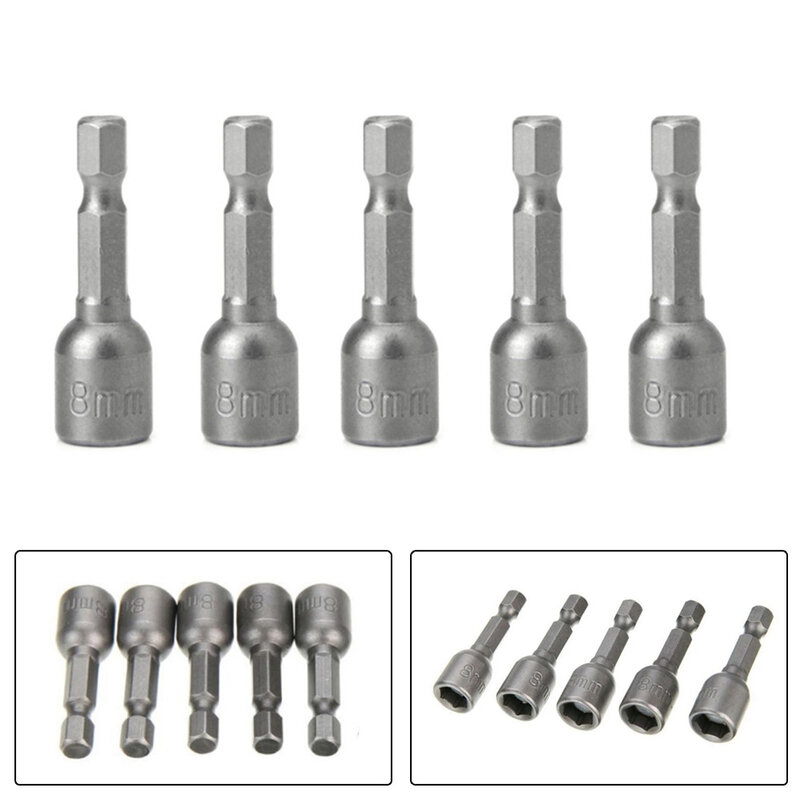Durable High-quality Brand New Socket Adapter Power Tools 1/4 5pcs Fits Power Drills Grey Length 42mm Magnetic