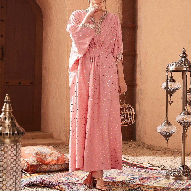 2023 Middle Eastern Dubai Muslim Abayat Dress Pink Polka-dot Dress with Gilded Waist Characteristic Lace Kaftan Dress Wholesale