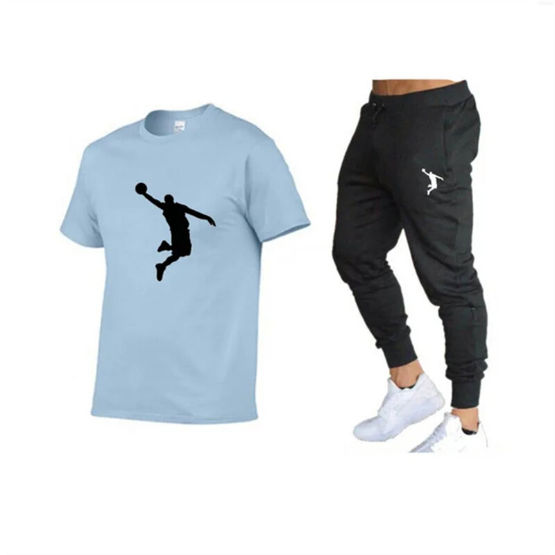 Setelan baju olahraga pria, kaos lengan pendek + celana panjang 2 potong untuk Fitness Jogging celana olahraga pakaian olahraga 2024