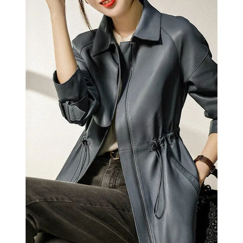 Jaqueta de couro PU feminina de comprimento médio, blusas femininas, estilo ocidental, moda coreana, nova, primavera e outono, 2024