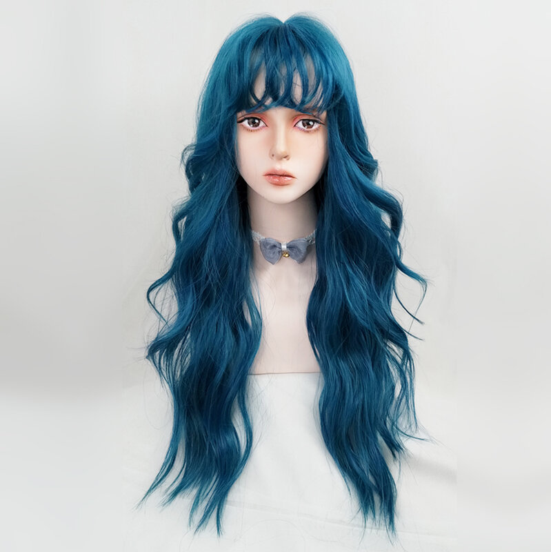 Wig panjang kepala penuh wanita, rambut palsu biru keriting hijau atas penuh warna Lolita