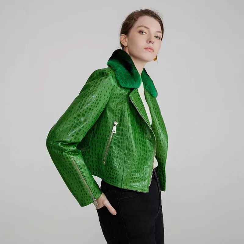 Women's Real Leather Jacket Genuine Sheepskin Leather Detachable Real Rex Rabbit Fur Collar Cuff Fashion Coat