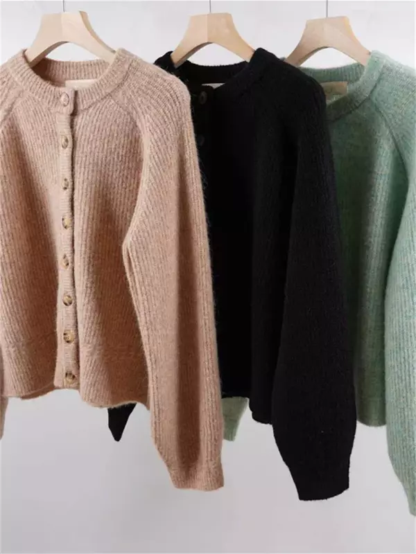 Cárdigan de punto de Color liso para mujer, suéter informal con cuello redondo, suave y cómodo, de un solo pecho, novedad de 2024
