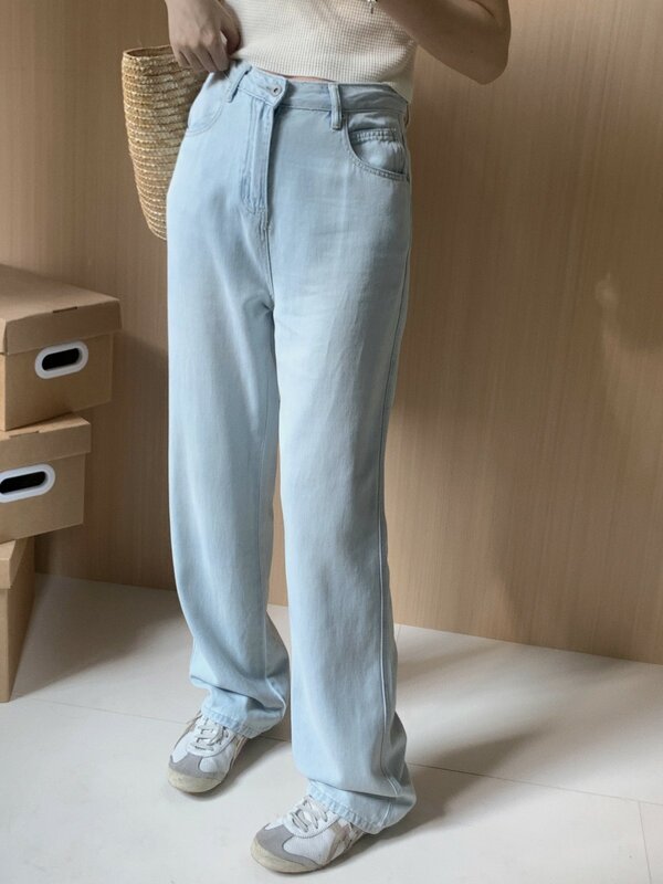 Zhisilao-pantalones vaqueros rectos de cintura alta para mujer, pantalones de mezclilla de longitud completa, pierna ancha, Vintage, azul claro, primavera y verano, 2024