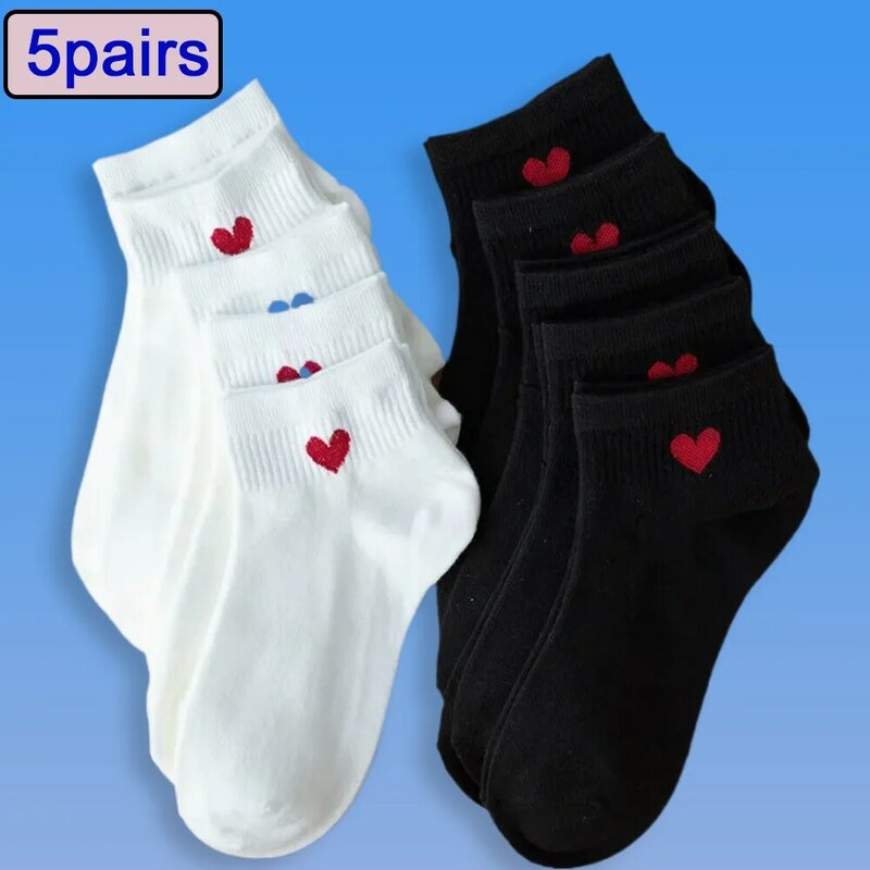 Носки женские до щиколотки, хлопковые короткие носки-следки с надписью «Love Heart», для колледжа, JK, 5 пар, черные белые, весна-лето