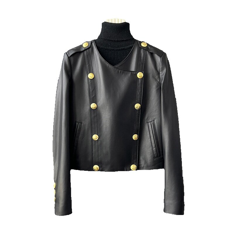 Frühling neue zweireihige kurze Lederjacke für Frauen mit kragen loser schwarzer Schaffell jacke mit hoher Taille