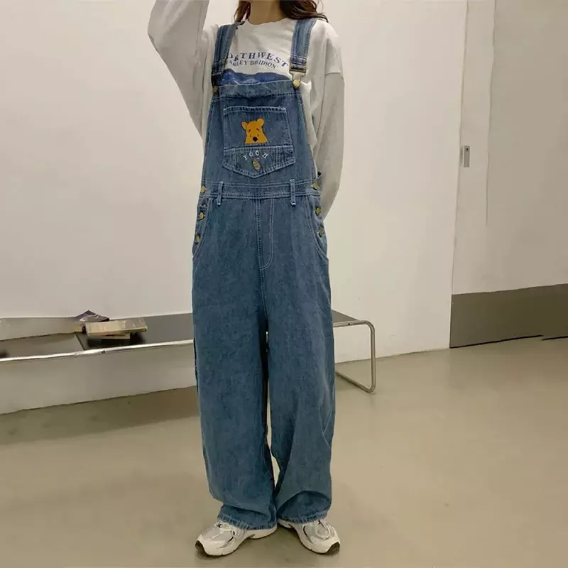 Bretelle in Denim ricamate Kawaii giapponesi pantaloni da pavimento da donna 2022 estate nuovi pantaloni larghi a gamba larga di un pezzo