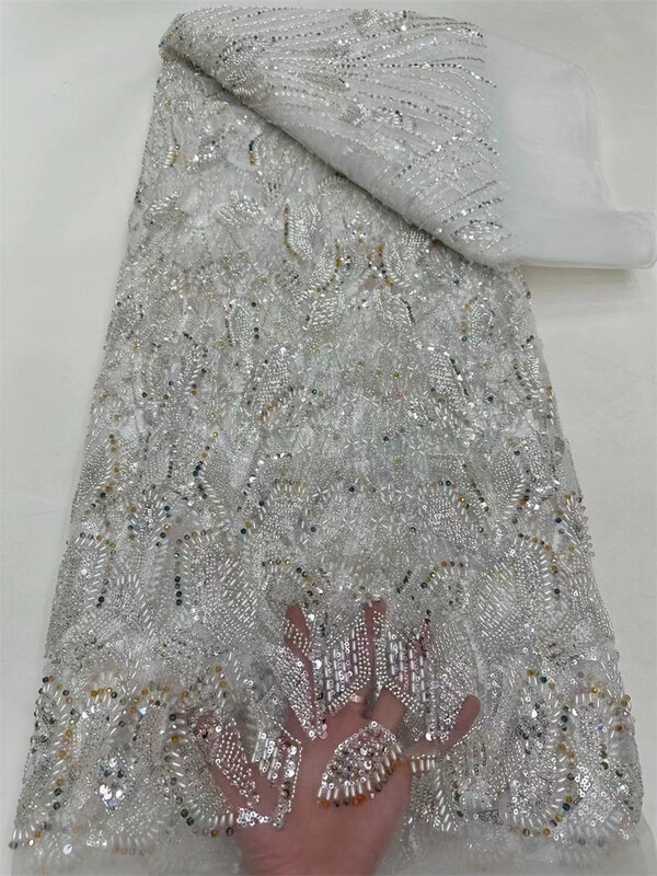 Кружевная ткань 2024, высококачественное кружево, 5 ярдов, блестки, роскошная, ткань, тюль, свадебные платья, вышивка, сетка, бисеры, ткани на метр