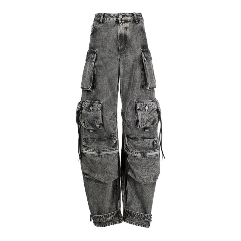 Denim Planet Women's Smoky Gray Patchwork With Multiple Pockets Workwear Jeans Street Washed And Distressed Long Wide Legs