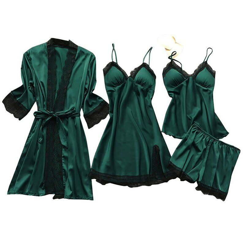 Pijama de encaje con cuello en V para mujer, ropa de dormir cómoda con almohadillas en el pecho, camisón informal, 4 piezas