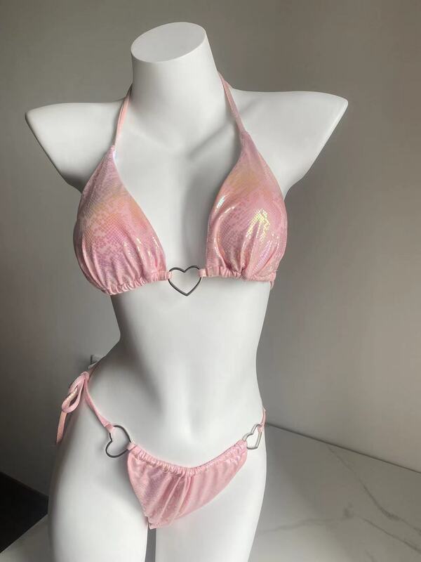 Laser Swimsuit Women Pink Color Bikini Heart Ring High Waist Thong Swimwear Halter Backless Bathing Suit Summer Beach Swimwear