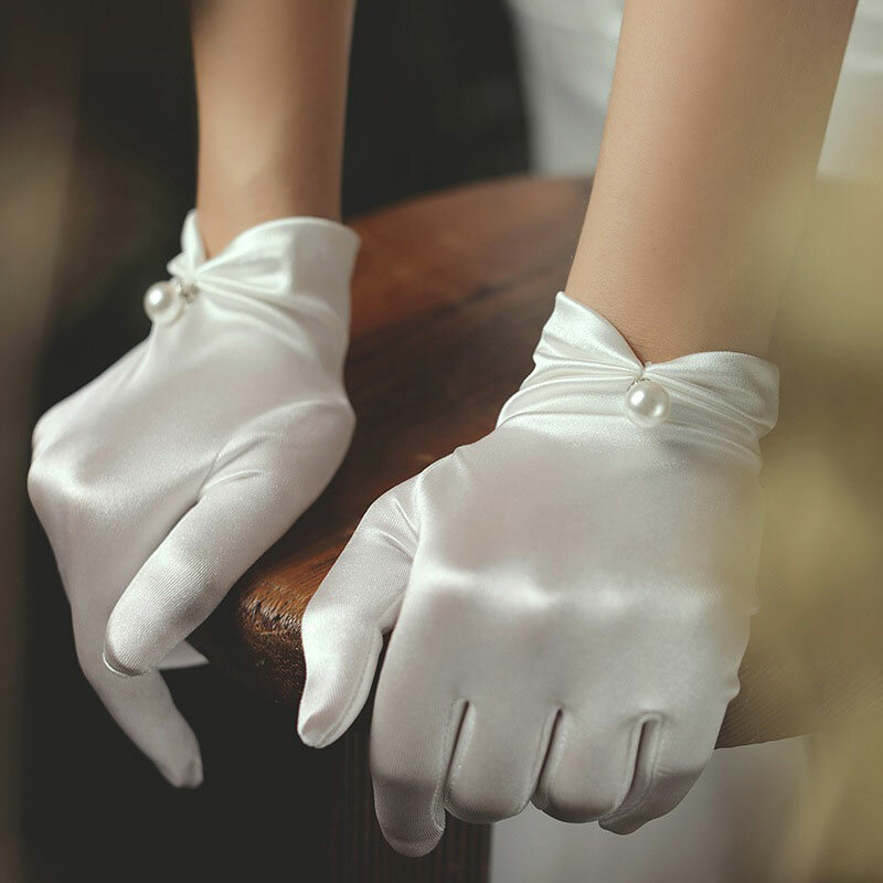 Fashion Satin Pearl Short Full Finger Gloves For Women Sunscreen Anti-uv Elastic Mittens Bridal Wedding Dress Accessories