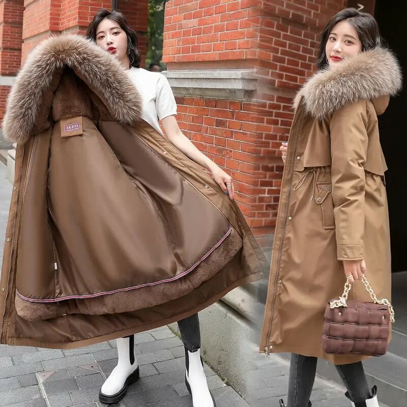 Koreanische Herbst lange Muster Frauen Winter jacken Intensiv ierung Fleecing Taille in Wintermantel Damen große Größe kalt