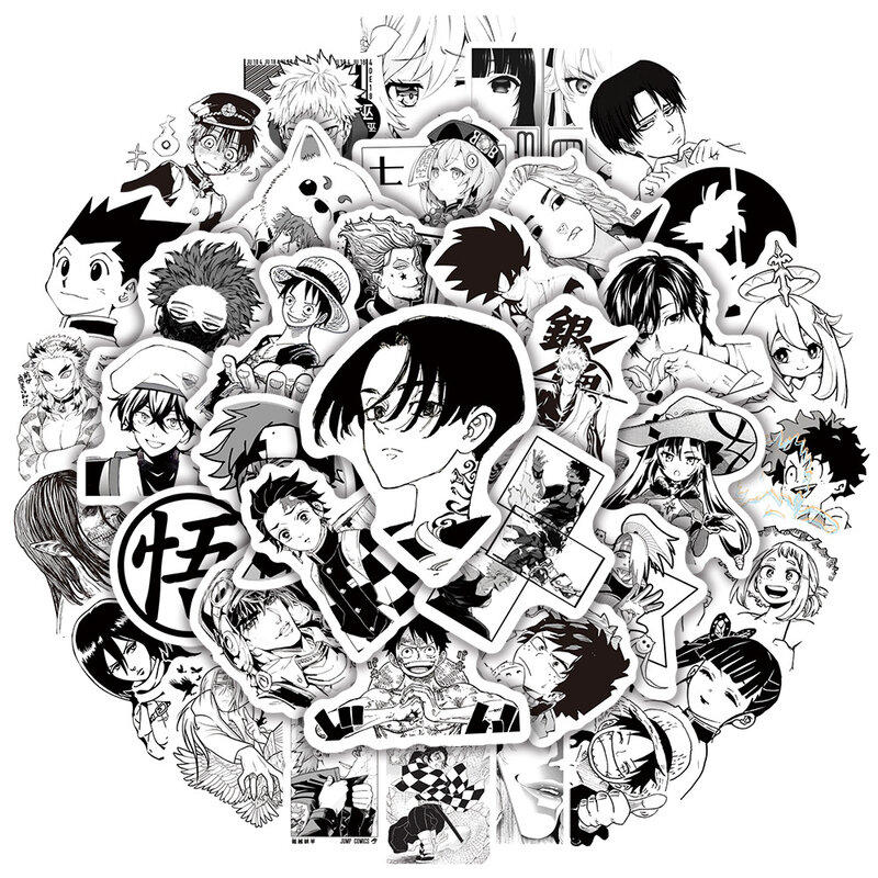 50Pcs Creative Black and White Anime Series Graffiti Stickers Suitable for Laptop Helmets Desktop Decoration DIY Stickers