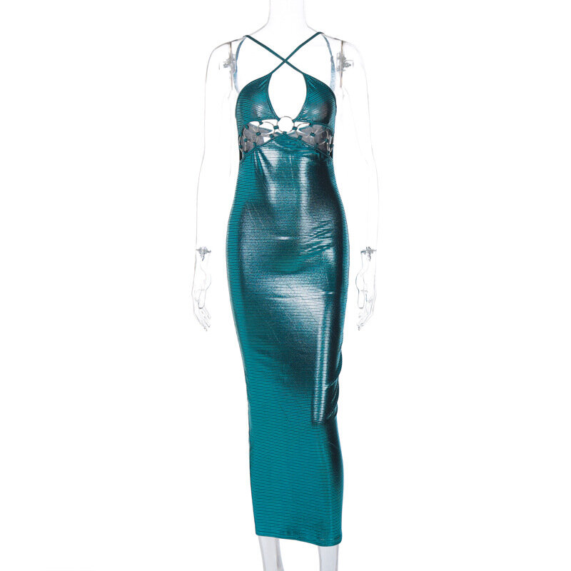 Damska seksowna metalowa kółko drążą paski spaghetti Backless Bodycon Maxi Club Party Dress