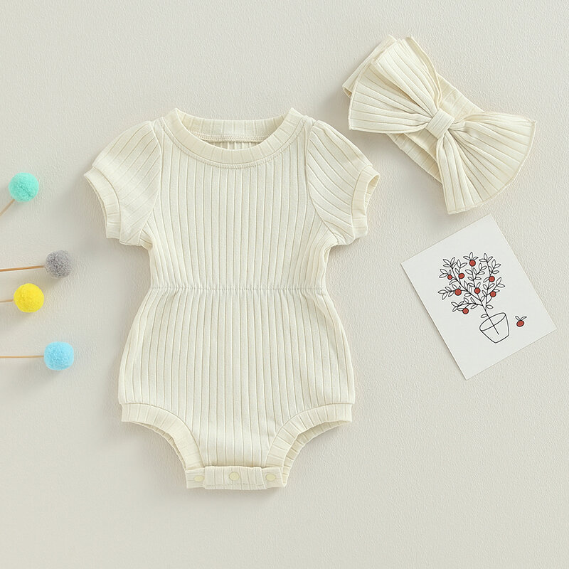Ropa Para niña recién nacida, Pelele de manga corta de punto acanalado de Color sólido, mono con diadema, traje de verano