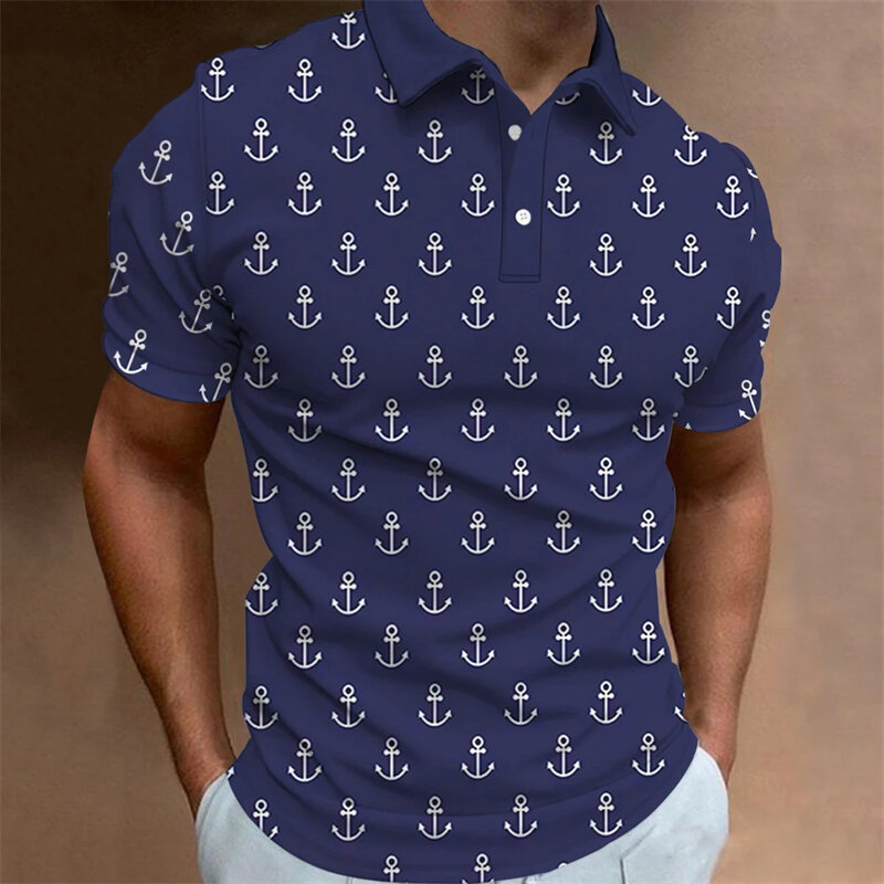 Fashion Mens Polo Shirt Short Sleeve Anchor Patter Mens Designer Clothes Causal Short Sleeve Button Lapel Polo T-shirts Apparel
