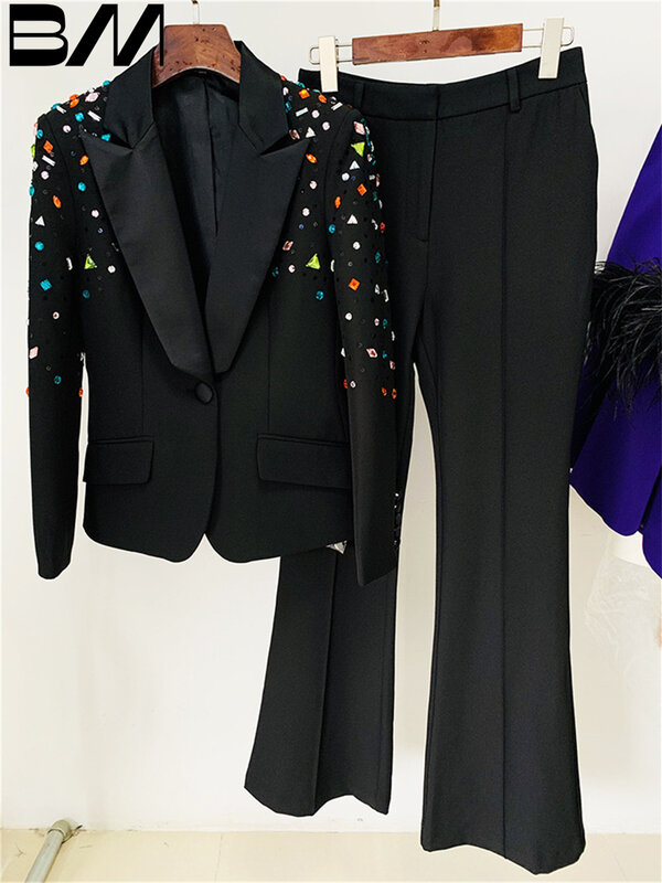 Blazer ajustado con cuentas de diamantes de colores para mujer, traje de dos piezas con pantalones de bota, Formal, para oficina y negocios