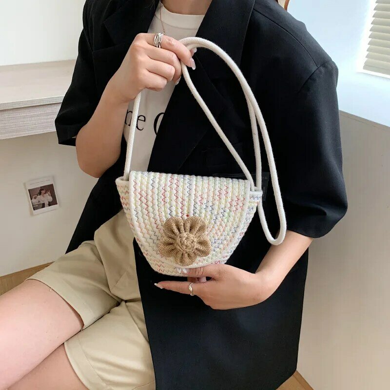 Saco de praia de verão de palha das mulheres tecido saco pequeno mensageiro flor concha saco nova moda coreana crossbody bolsa de ombro