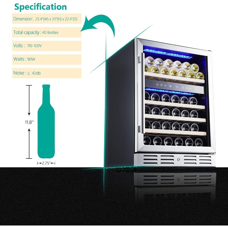 Винный охладитель, 46 бутылок-Двухзонный встроенный или автономный холодильник с реверсивной стеклянной дверью из нержавеющей стали, для дома