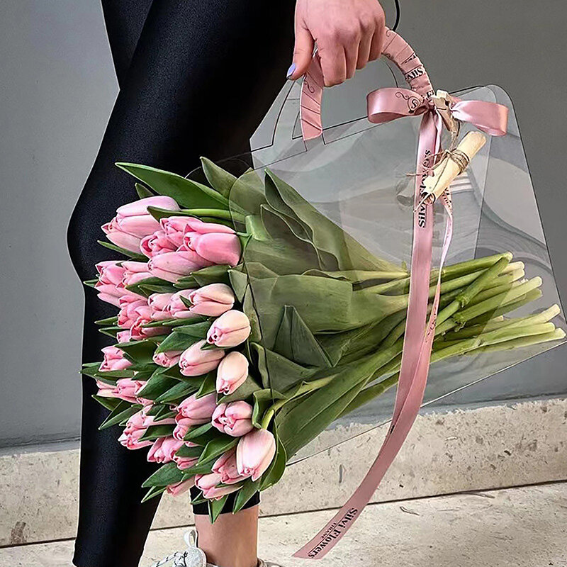 Tas tangan buket bunga segar hewan peliharaan transparan 1 buah tas tangan pembungkus bunga Festival pesta mawar paket tas kemasan portabel