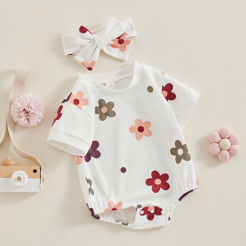 Infant Baby Girl Summer Jumpsuit Flower Print Round Neck Short Sleeve Romper with Bow Headband