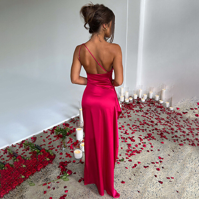 Damska 2024 letnia sukienka z jednym ramieniem plisowany z rozcięciem seksowna satyna Slim jednolity kolor długie sukienki suknie balowe