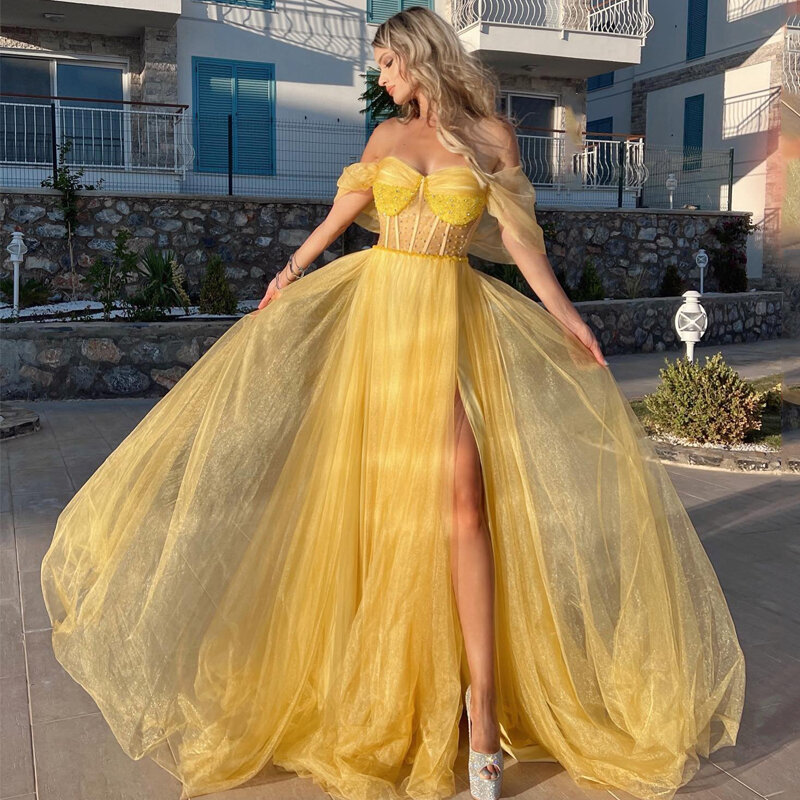 Thinyfull Sexy a-line Prom Dresses Beadings Off The Shoulder Evening Cocktail Party Prom Gowns Arabia saudita High Split Plus Size