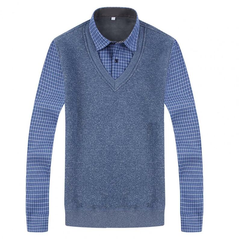 Męski sweter z polaru ciepła imitacja dwuczęściowej klapy kontrastowy kolor w kratę drukowana ciepła bluza Plus Size męska wiosna jesień sweter