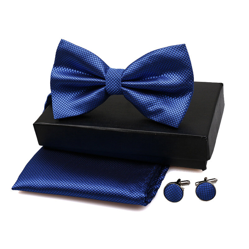 Men Bow Tie Set 3ps Cufflinks Pocket Square Solid Color Check Bowtie For Men Party Wedding Fashion Butterfly Shirt Tie Wholesale