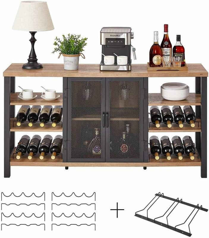 Armario de bar Industrial, aparador de metal, armario de vino y copas de vino, armario de café de madera de granja, armario de buffet