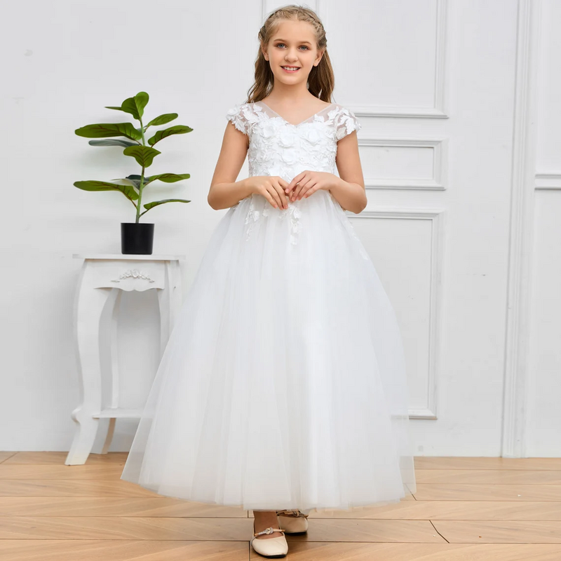 O-neck Floral Applique Flower Girl Dress Tulle Lace Wedding Birthday Party Dress for Kids A-line Princess First Communion Gown