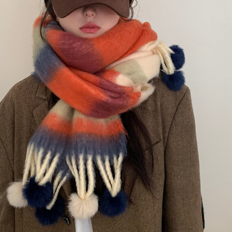 ผ้าพันคอไหมพรมลายสก็อตสำหรับเด็กผู้หญิงใส่ในฤดูหนาวผ้าพันคอวินเทจผ้าหนาสีแบบเกาหลี