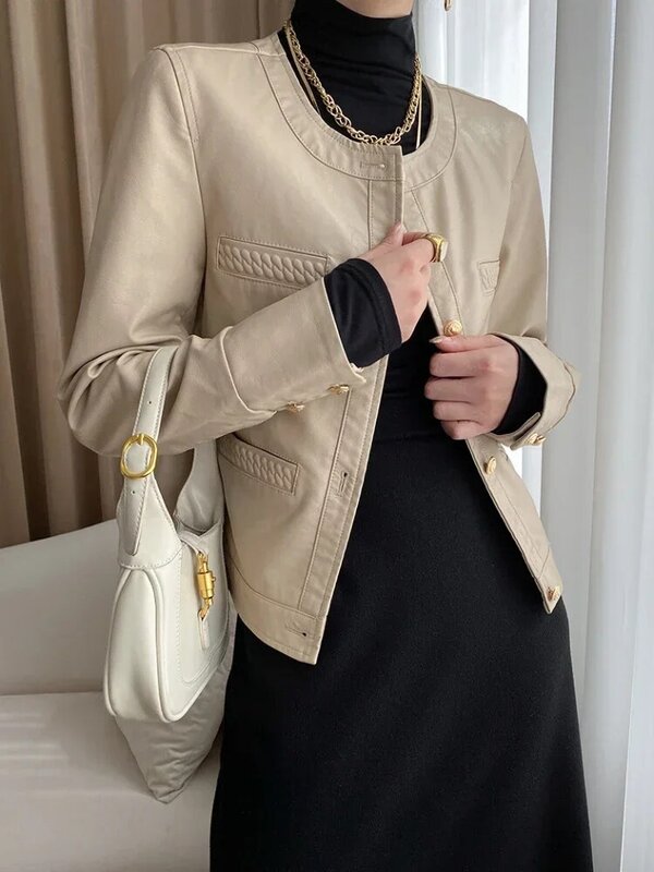 Женская кожаная куртка с круглым вырезом, демисезонная укороченная куртка из искусственной кожи с тканевой текстурой, 2024