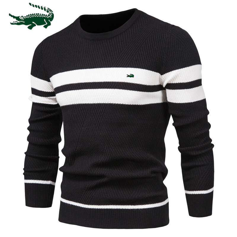 Новинка 2023, высококачественный мужской зимний полосатый свитер для мальчиков, плотные теплые пуловеры, мужские Базовые повседневные облегающие удобные свитера с круглым вырезом