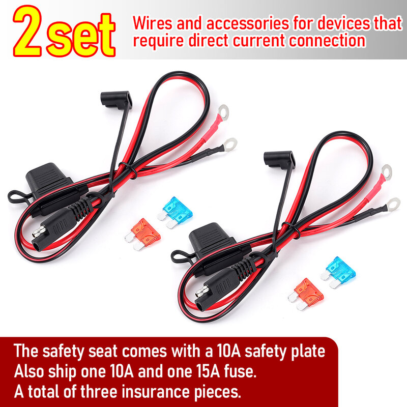 1/2x Double-headed Quick Release SAE Cable With Fuse Terminal O Connector Battery Charger Extension Adapter Wire 16AWG Terminal