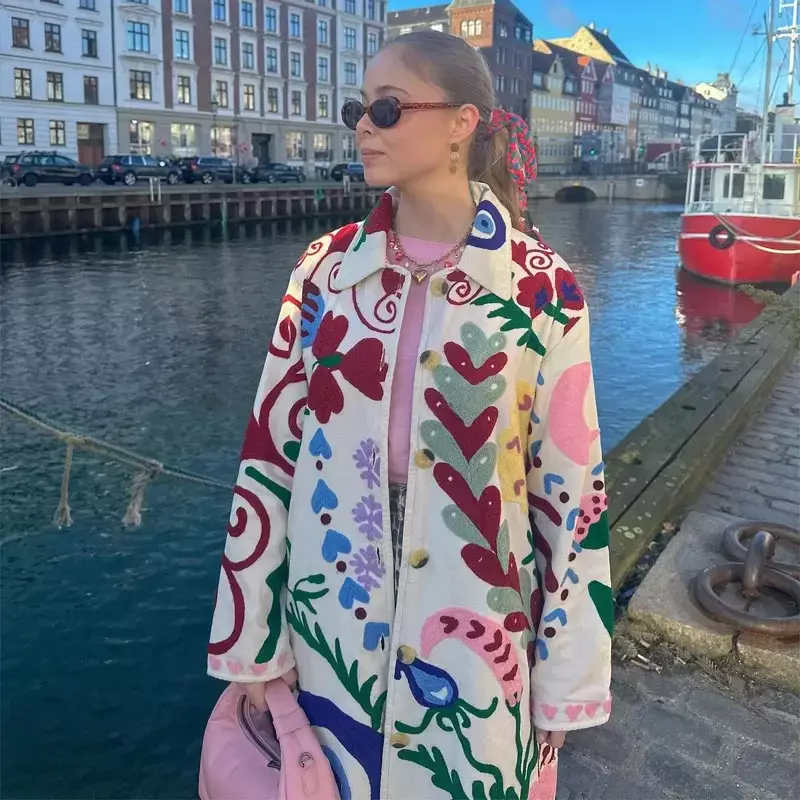 Women's New Fashion With Belt Long Style Printed Single breasted Woolen Coat Vintage Long Sleeve Pocket Women's Coat Chic Top