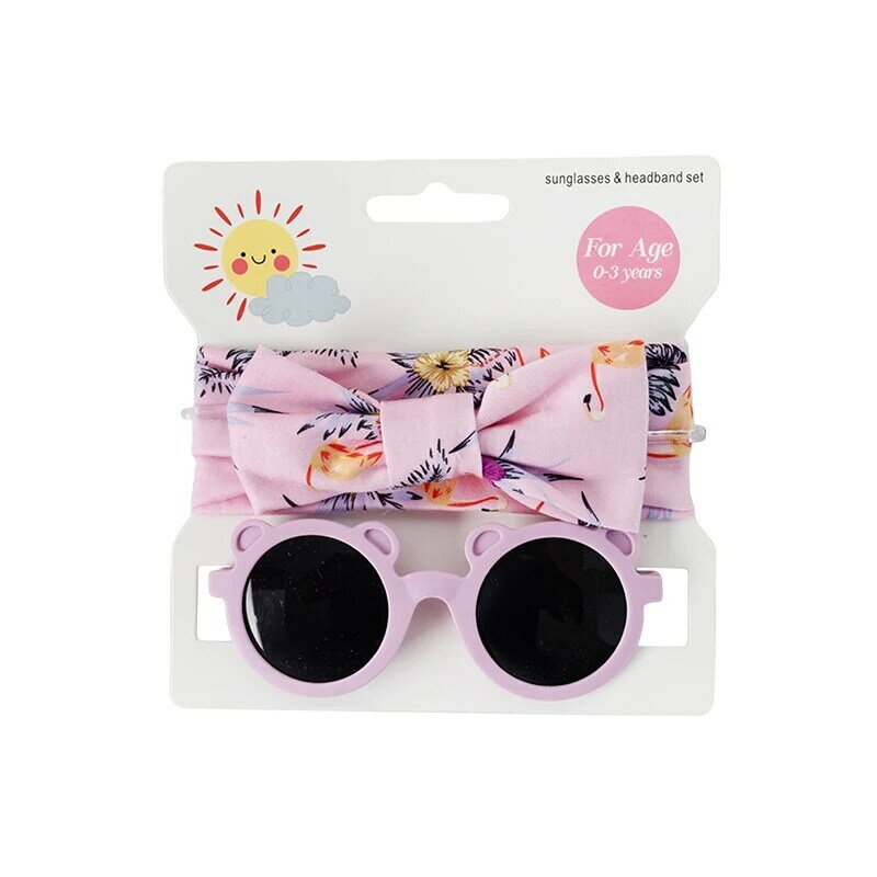 Sunglasses Bow Hairband Set Kids Girls Accessories Colorful Bear Round Sunglasses with Bowknot Headband for Summer