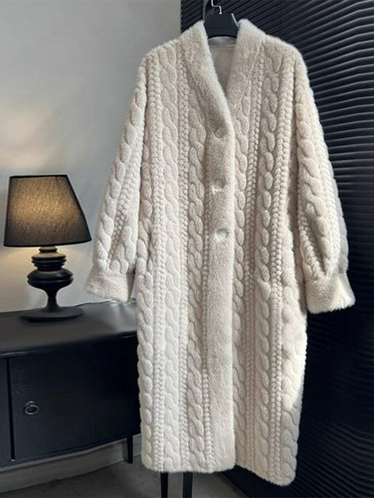 Abrigo grueso de piel sintética para mujer, chaqueta Midi holgada de manga larga con botonadura única, abrigo de punto a la moda, invierno, 2023
