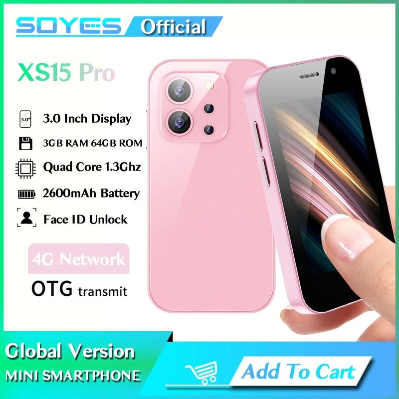 SOYES-Mini teléfono inteligente XS15 Pro, 4G, 3GB de RAM, 64GB de ROM, Android 9,0, con identificación facial, WIFI, Bluetooth, FM, punto de acceso, GPS, OTG, 3,0 pulgadas