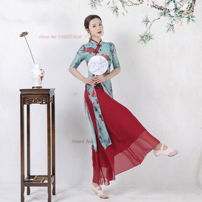 2024 kostum dansa rakyat vintage Cina atasan qipao cetak bunga + Celana set gaun sifon antik pakaian tari panggung