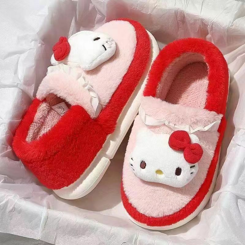 Sanrio Kuromi Hello Kitty chinelos para mulheres, chinelos de algodão fuzzy, sapatos quentes, veludo, fofo, Cinnamoroll My Melody, presentes para casa, inverno