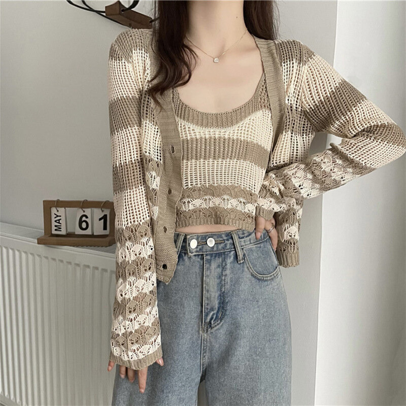 Krótka, w paski sweter dziergany płaszcz damski wiosenno-jesienny szykowny szal sweter z dziurami kurtka zewnętrzna komplet dwuczęściowy