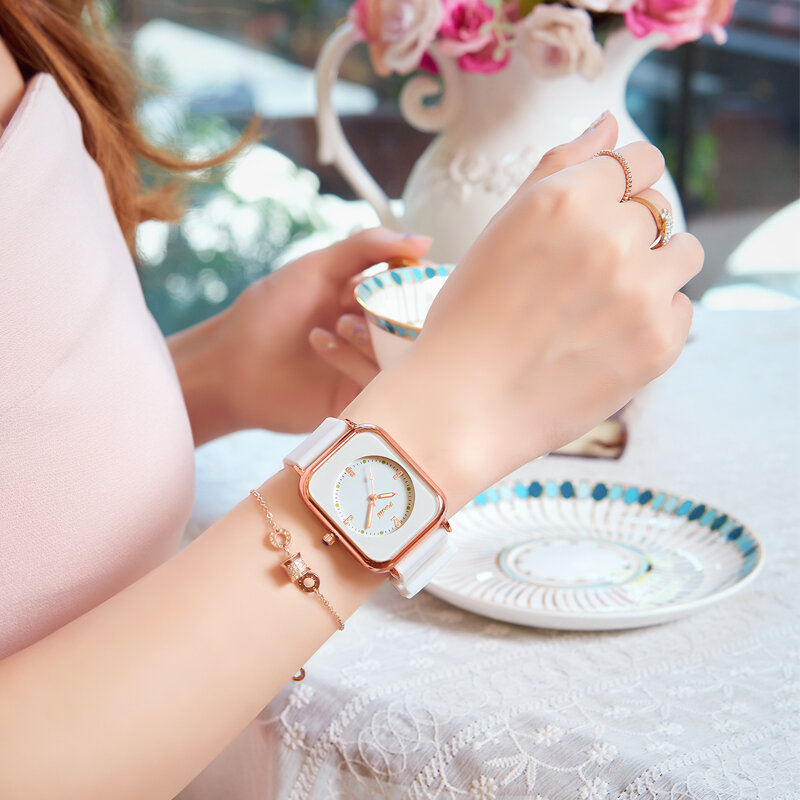 POSHI luksusowy bransoletka damska zegarek kwarcowy damski zestaw bransoletka do zegarka biały tarcza zwykłym skórzanym luksusowy damski zegarek Montre Femme