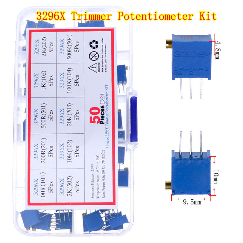Potensiometer pemangkas Kit 100ohm-1M, kotak campuran Resistor variabel 3296W 3296X RM063 RM065 3362P 3386P 3266W 3006P