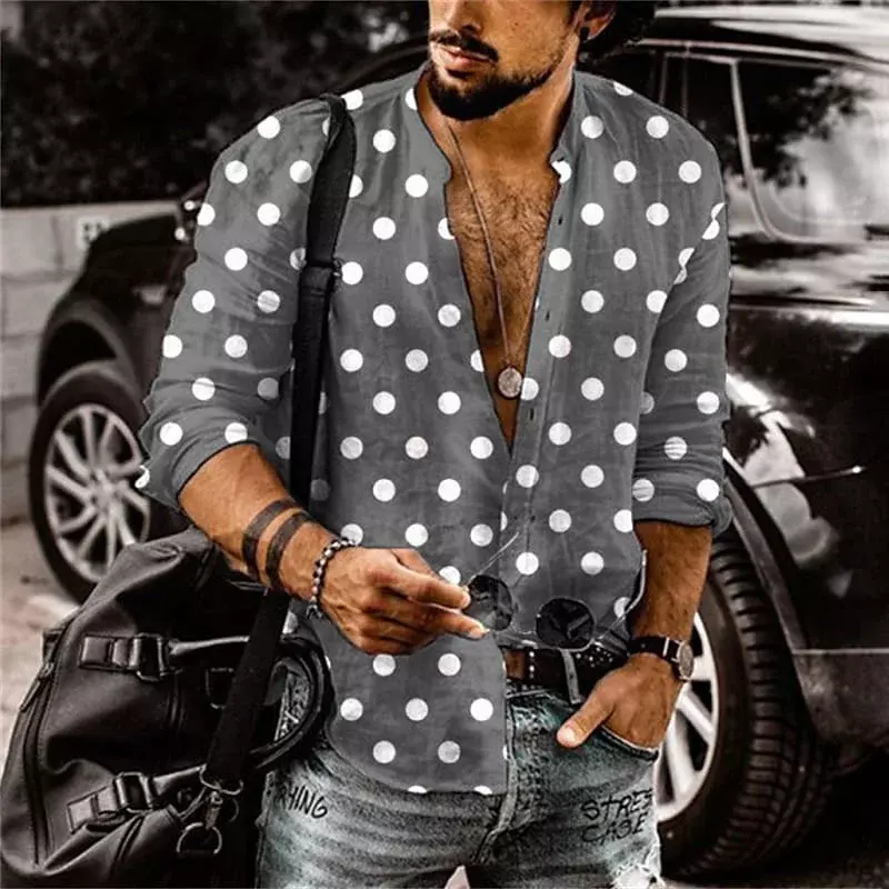 Men's Top Button Lapel T-Shirt Polka Dot Black White Fashion Simple Casual Dress Spring Summer High Quality Material Plus Size