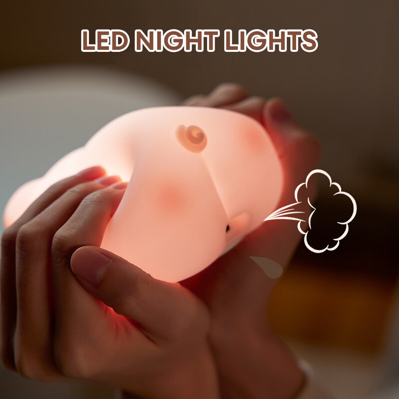 LED 야간 조명 귀여운 핑크 돼지 실리콘 램프, USB 충전식 타이밍 침대 옆 장식, 야간 램프, 실내 분위기 팻 램프
